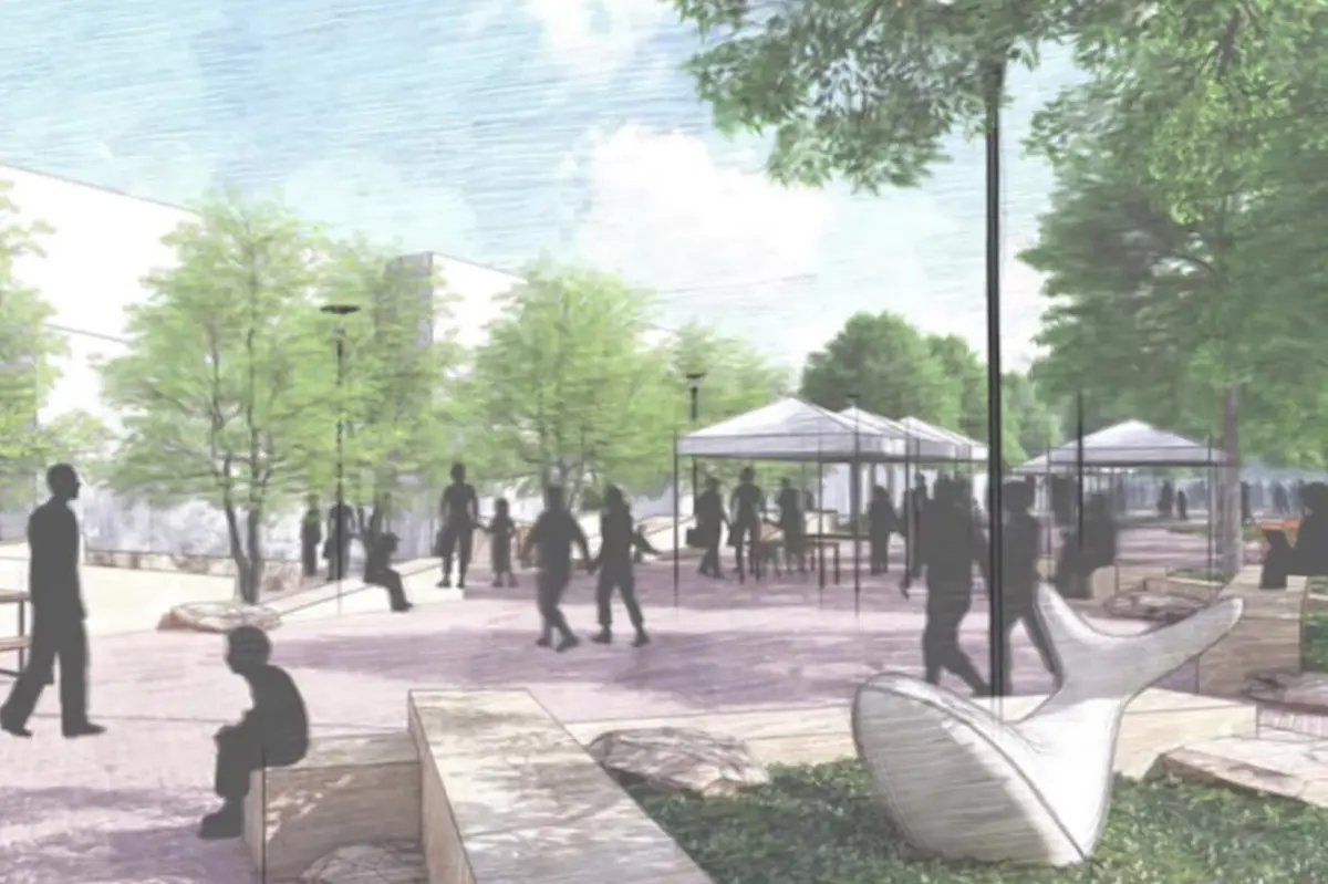 Rendering of a landscaped pedestrian promenade with market tents, stone seating and sculpture in downtown Bentonville