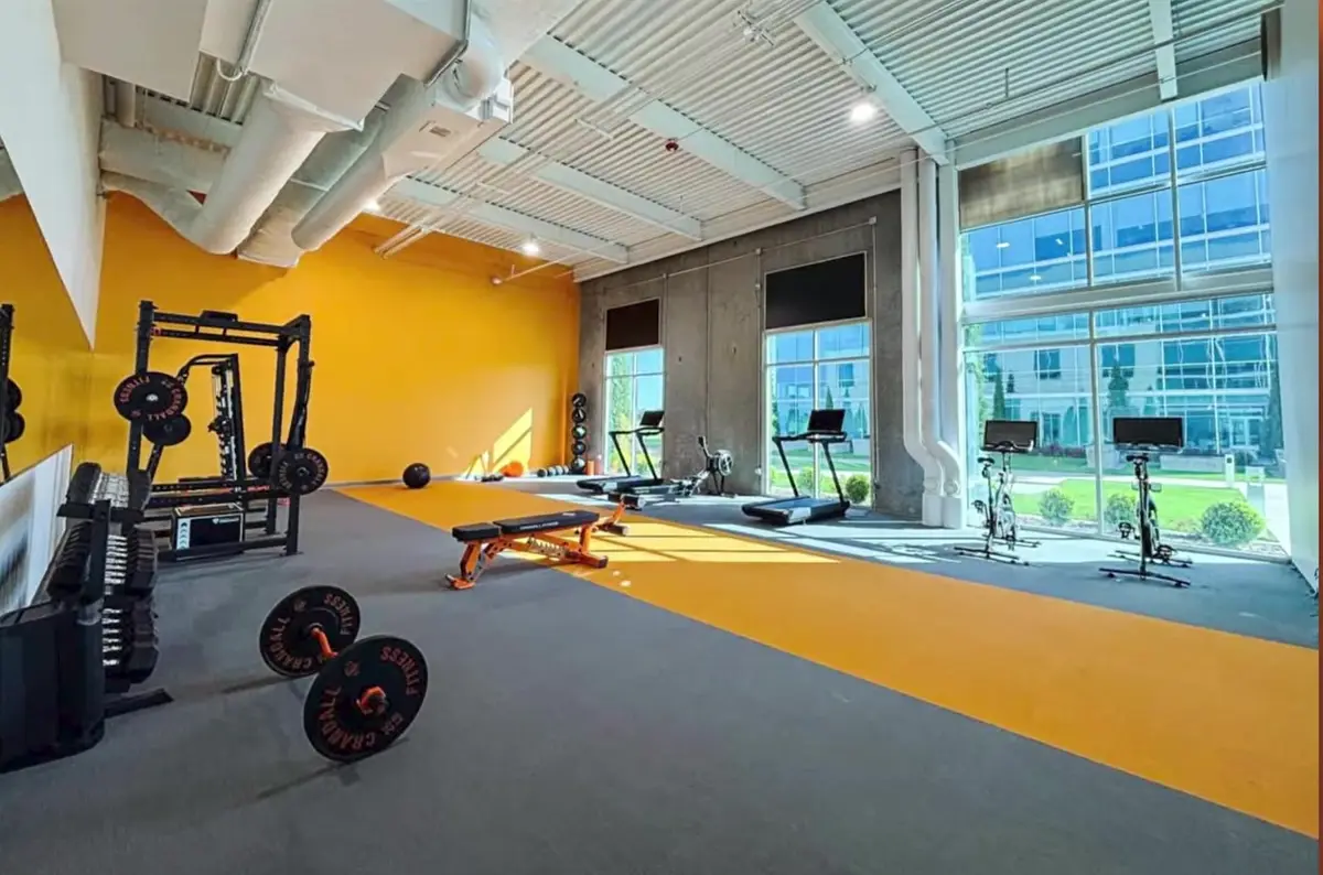 Bright fitness studio with racks, treadmills and floor-to-ceiling windows inside a modern Northwest Arkansas office building