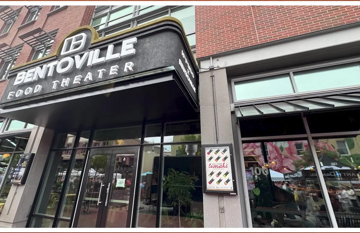 Bentoville Food Theater marquee sign on the Bentonville square in Arkansas