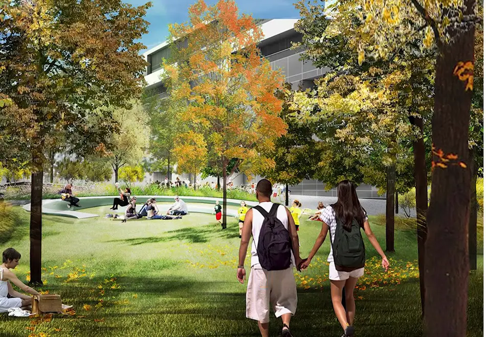 Rendering of the expanded Dave Peel Park in downtown Bentonville, Arkansas, showing the sunken amphitheater lawn and tree-lined walking paths in autumn