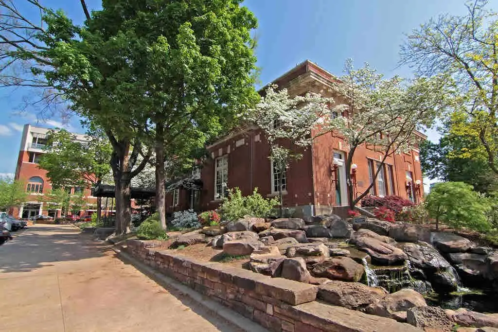 Downtown Fayetteville Arkansas historic square and storefronts