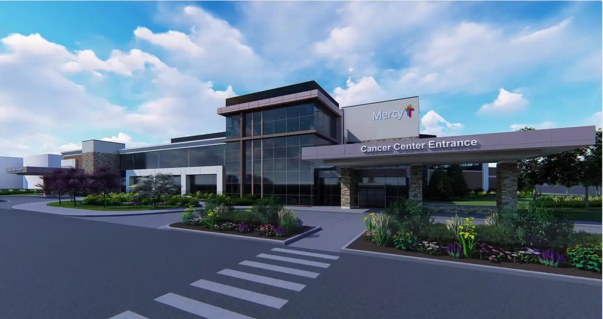 Rendering of the Mercy cancer center entrance and glass atrium in Rogers, Arkansas