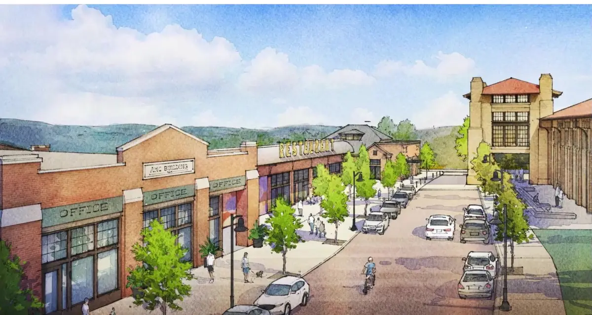 Watercolour rendering of a redeveloped Northwest Arkansas main street with brick storefronts, offices and street trees