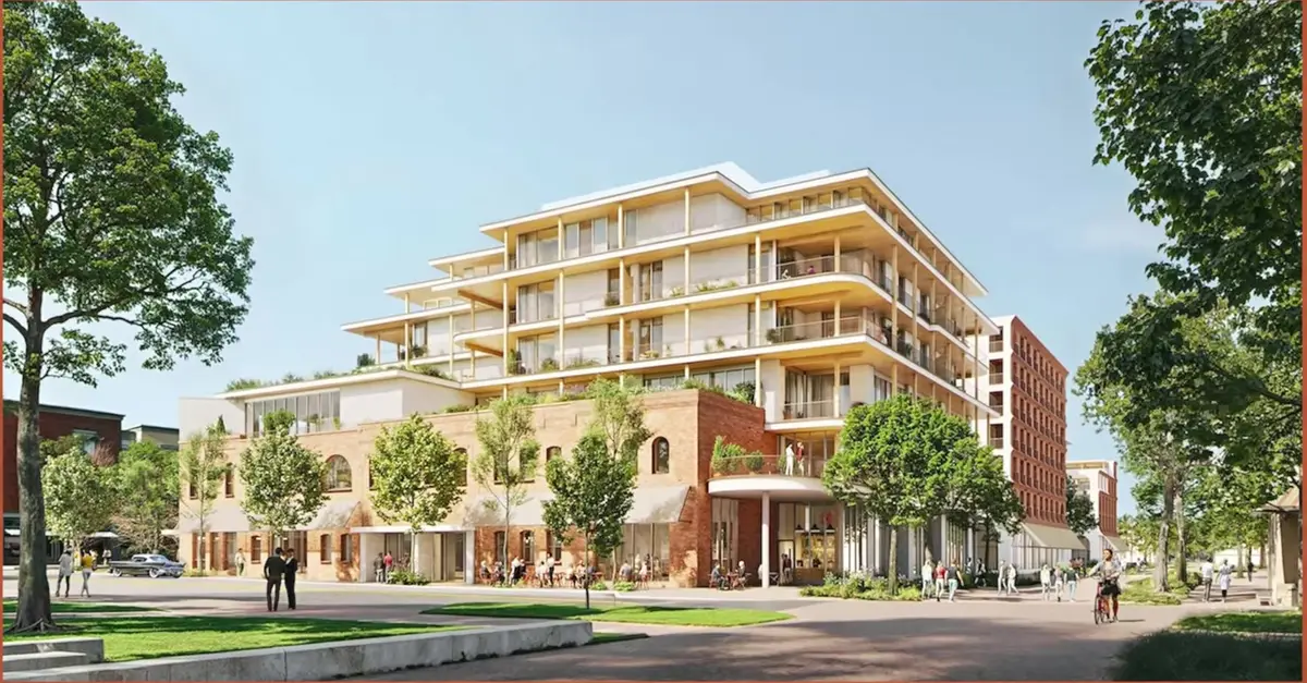 Rendering of a six-storey mixed-use building with terraces above restored brick storefronts near the Bentonville square