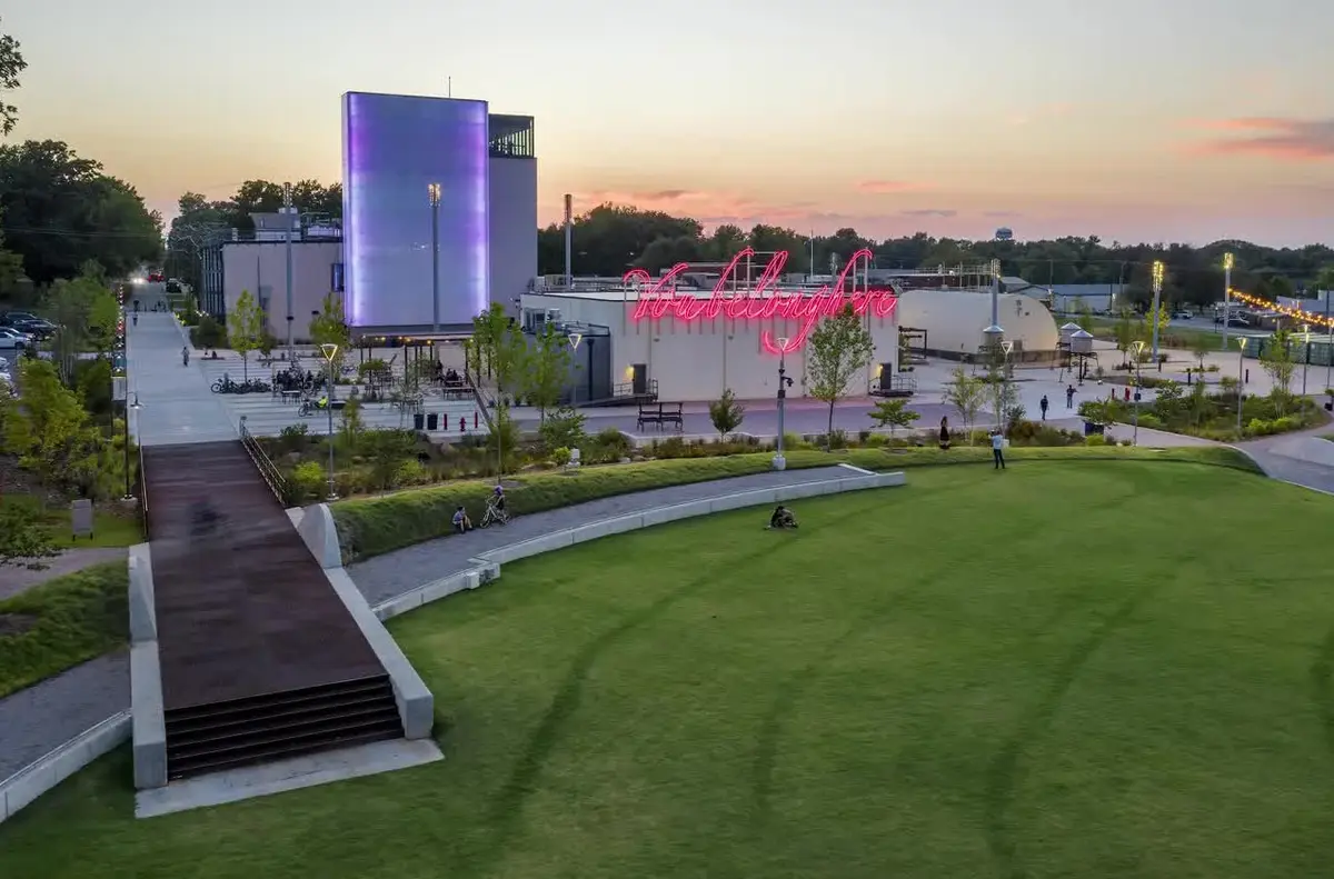 Aerial view of the Momentary in Bentonville, Arkansas at sunset, near the site of the coming Live Nation music venue